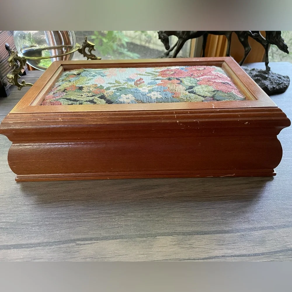 Vintage Tapestry and Wooden Pink Velvet Lined Jewelry Trinket Storage Box